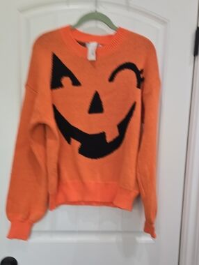 Women's Orange Pumpkin Face Crewneck Sweater - Casual Holiday Knit